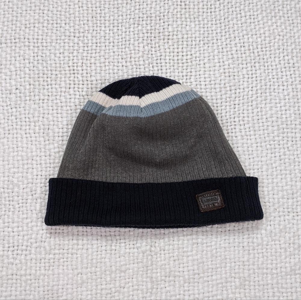 Retro Levi's Reversible Contrast Blue and Grey Knit Beanie Hat Unisex One Size‎